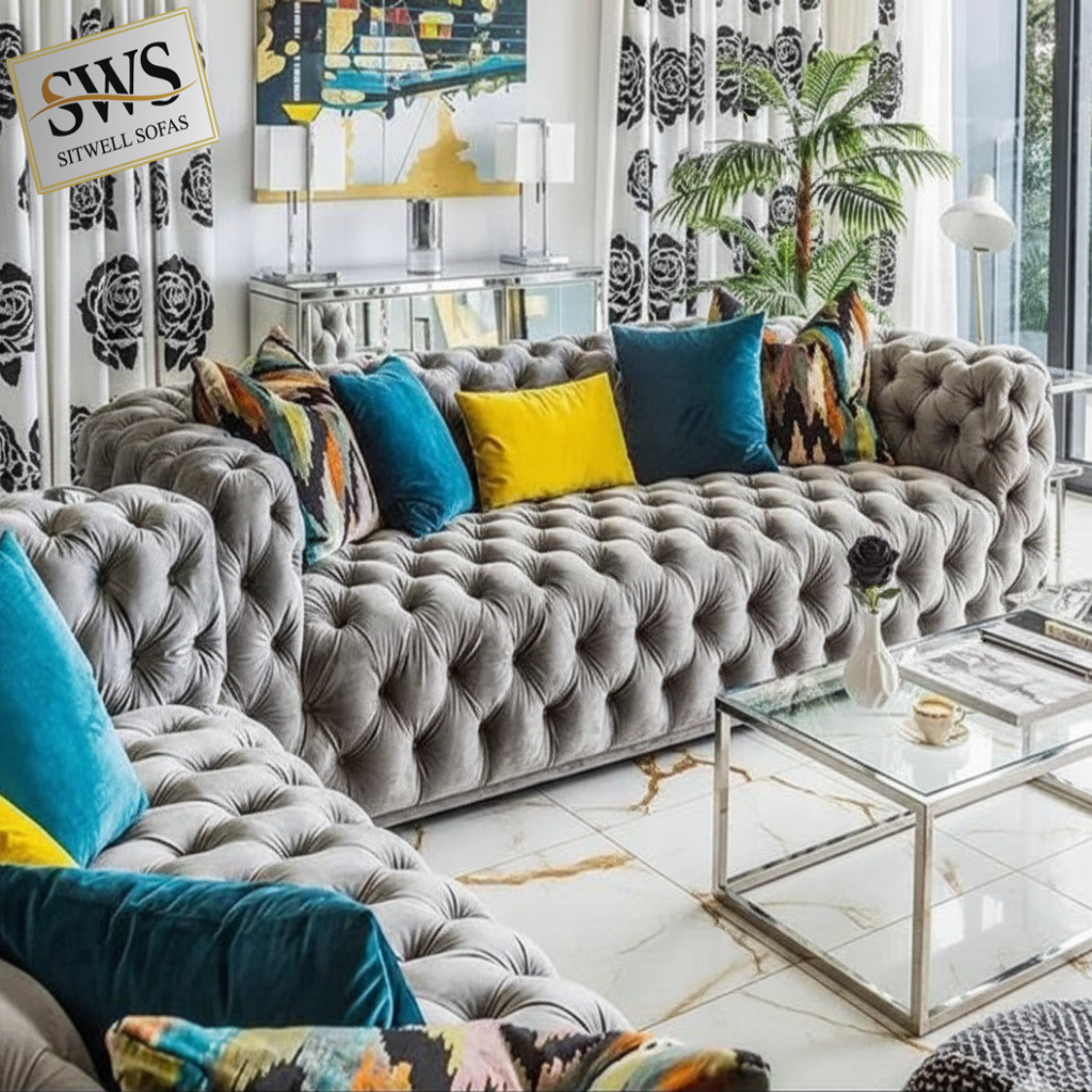 Gray tufted sofa with colorful pillows in a stylish living room setting.